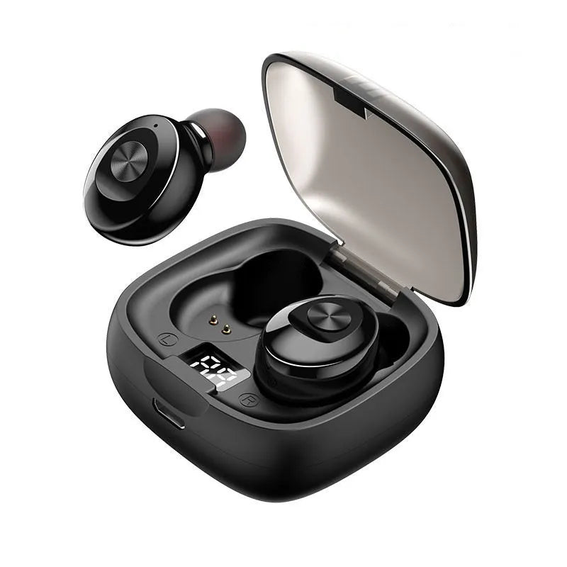 XG8 noise reduction sports headphones in black with charging case on white background