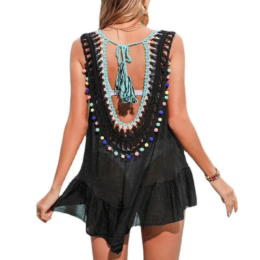 Black hand crocheted beach cover-up with cut-out ruffled design for women's swimming and beach wear