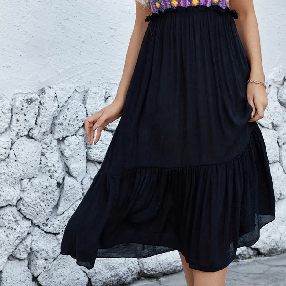 Purple sleeveless dress with hand-hook flower stitching embroidery on cotton blend fabric
