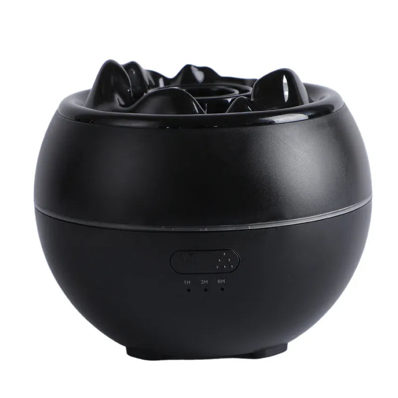 Flame aroma diffuser with timer, 300ml water tank, black crack style, on a wooden desk, with visible USB cable