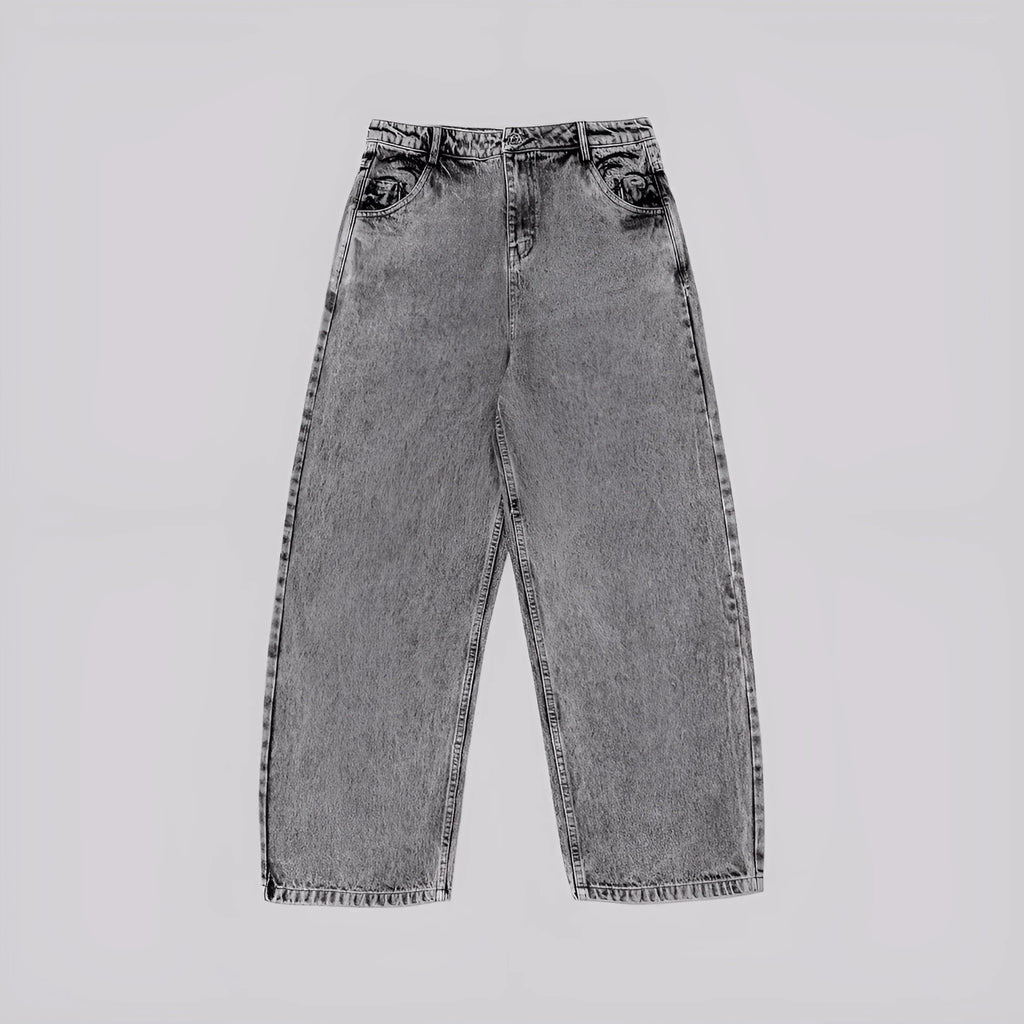 Grey loose fit straight-leg denim trousers for men on a white background
