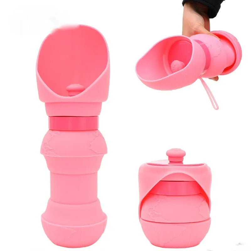 A folded flat and an unfolded pink silicone pet water bowl showing its collapsible design for portable use.