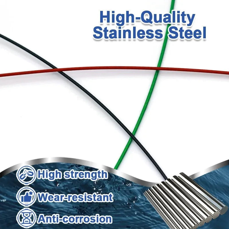 Ten green anti-bite steel wire fishing leaders with double buckle pins, each 54cm long, laid out straight.