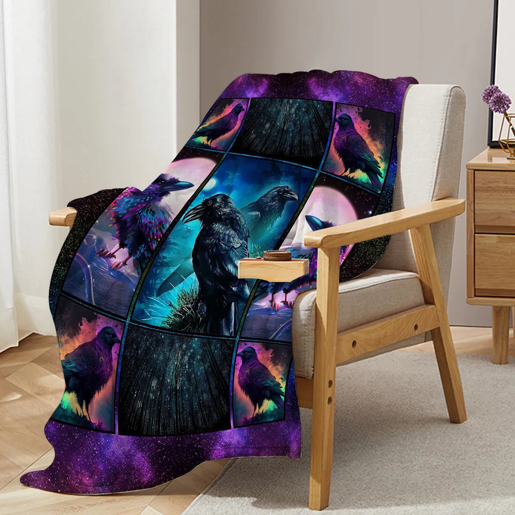 Flannel colourful raven print soft multifunctional throw blanket in multicoloured size options