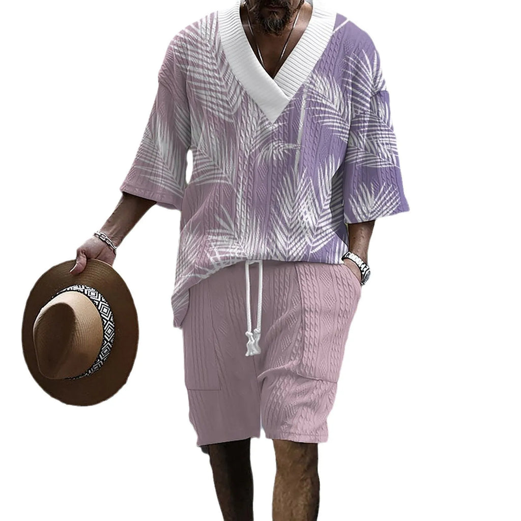 Men's printed knitted shorts suit with drop-shoulder short-sleeved top and matching shorts