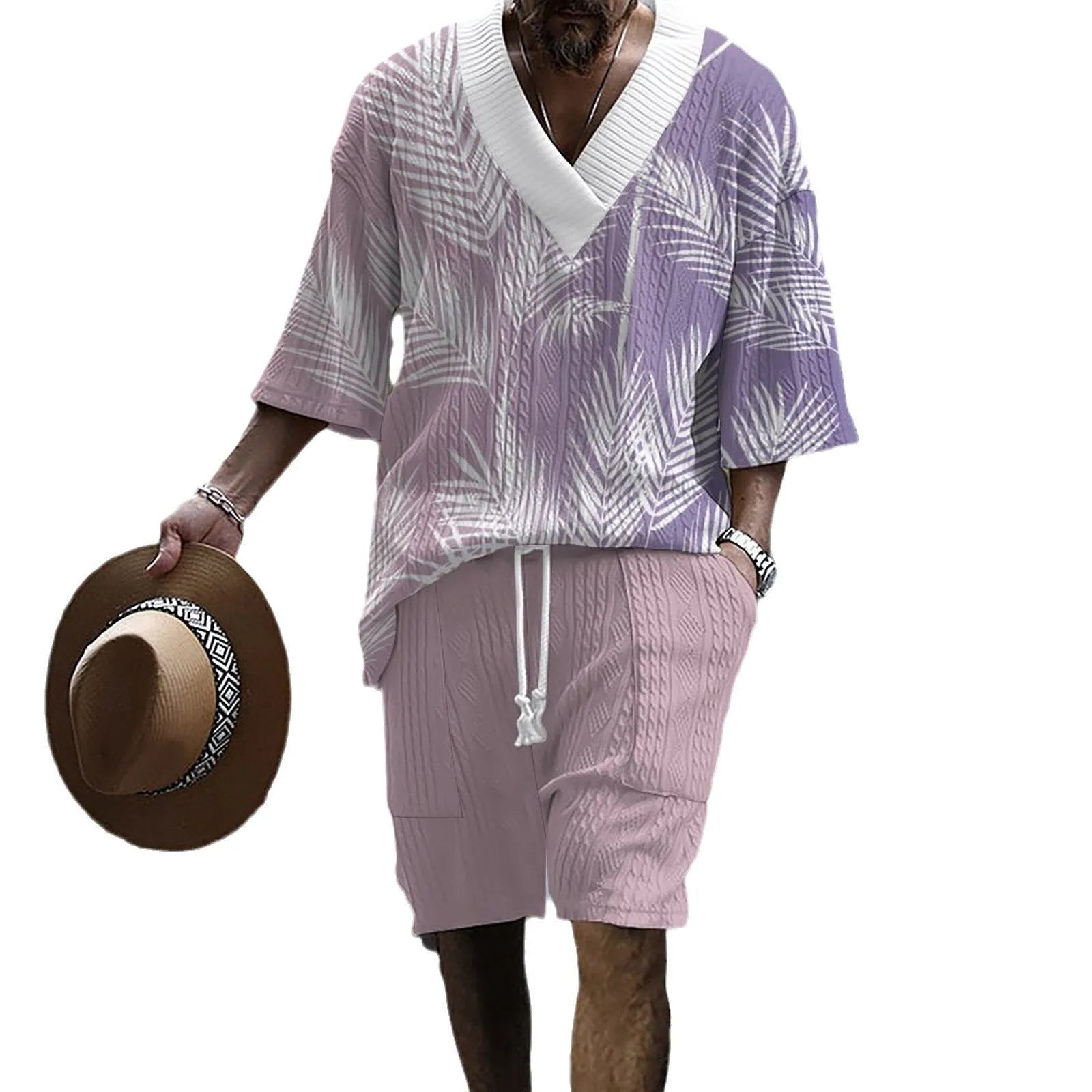 Men's printed knitted shorts suit with drop-shoulder short-sleeved top and matching shorts