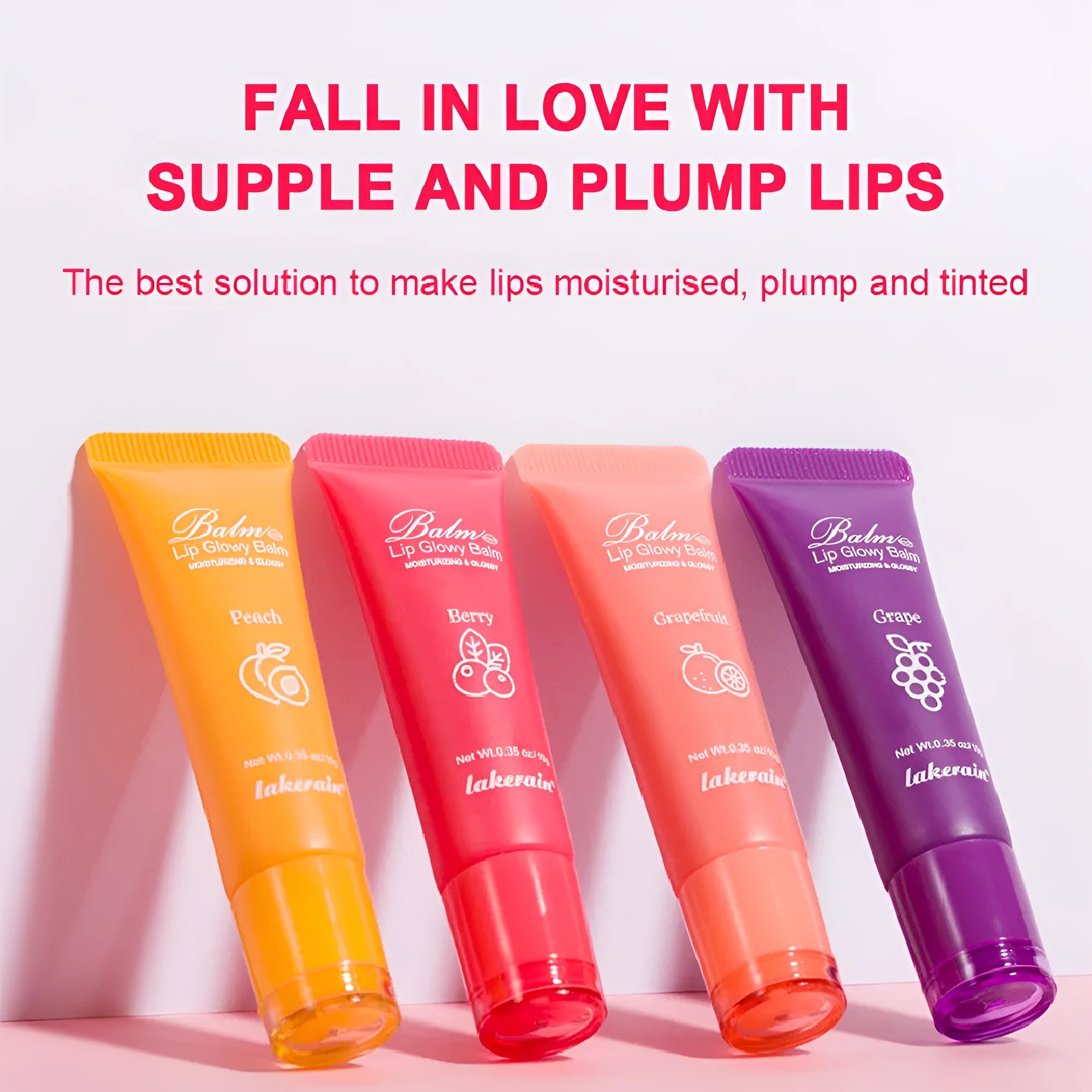 Women's flavoured lip gloss stick in berry, grape, grapefruit, and yellow peach shades.