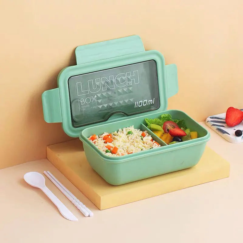 Four-compartment plastic bento lunch box with Nordic design in green colour