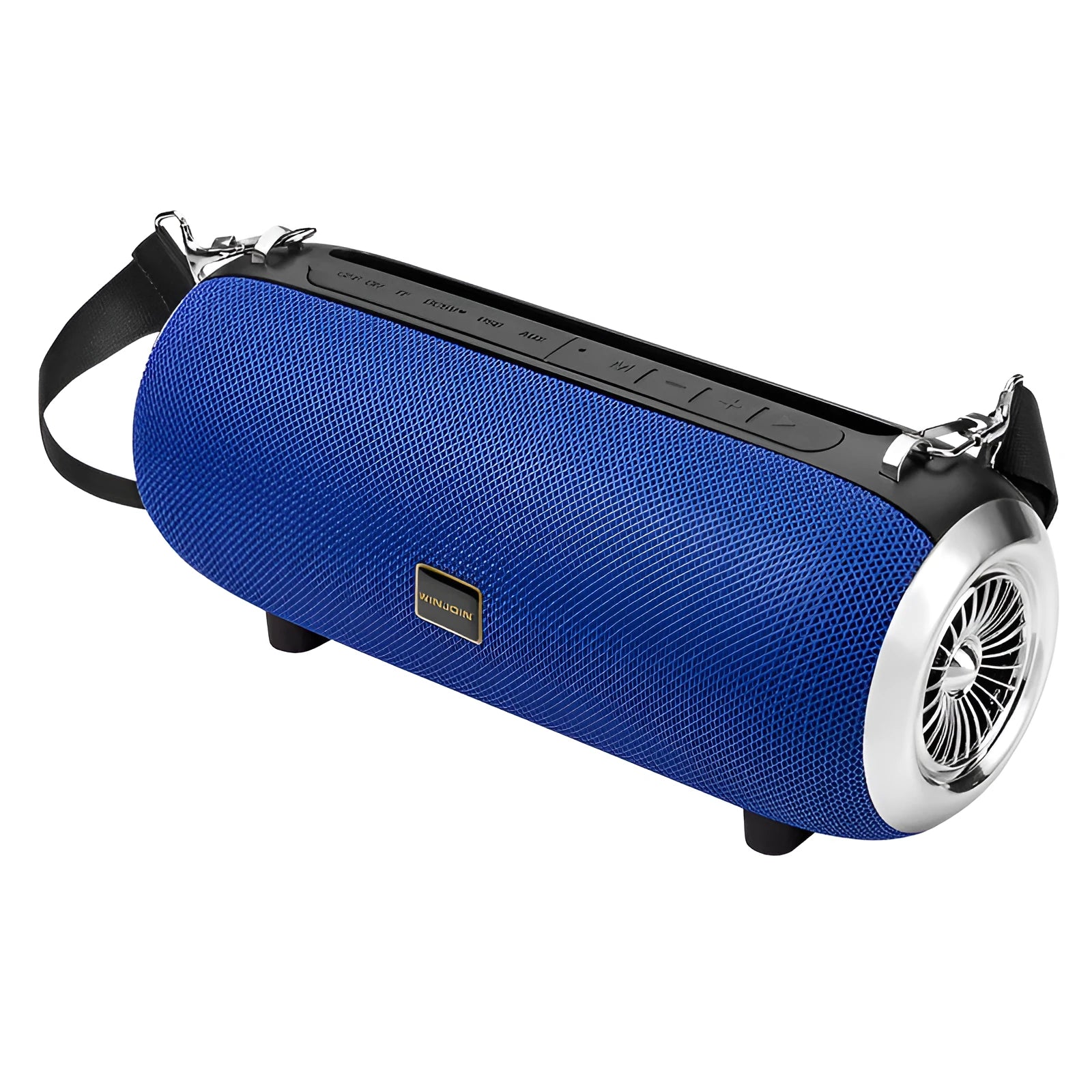 Square fabric portable Bluetooth speaker with FM antenna, shoulder strap, and phone stand groove.