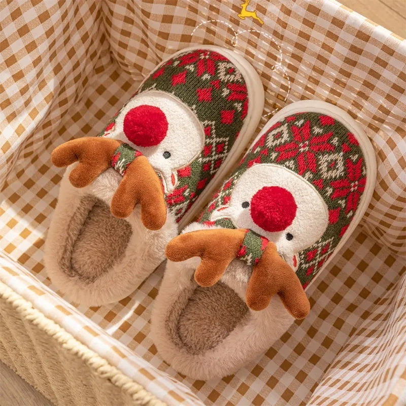 Cute Christmas elk plush slippers in Christmas Red with non-slip sole for women winter home use