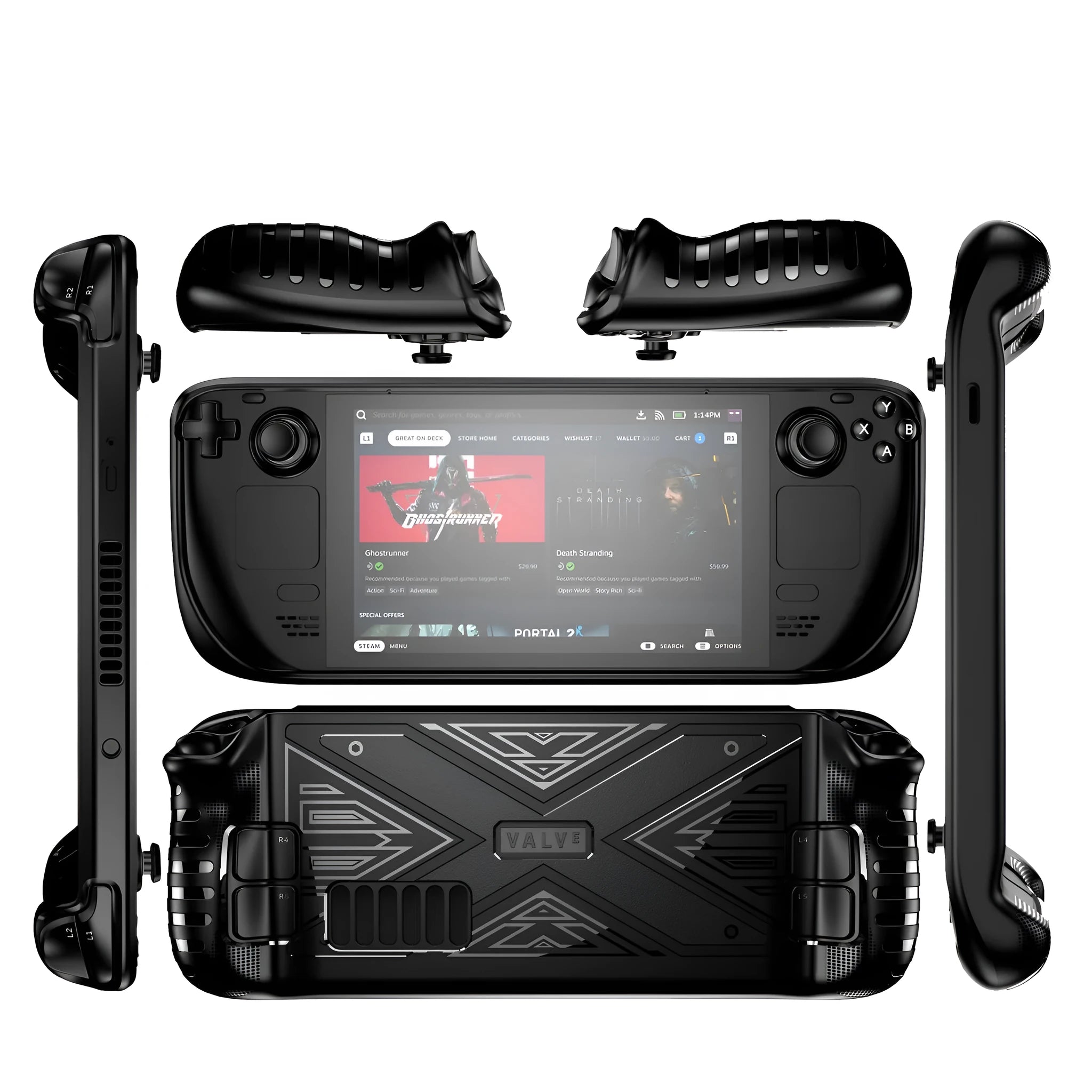 Red, blue, and black TPU soft shell protective cases for the Steam Deck handheld console.
