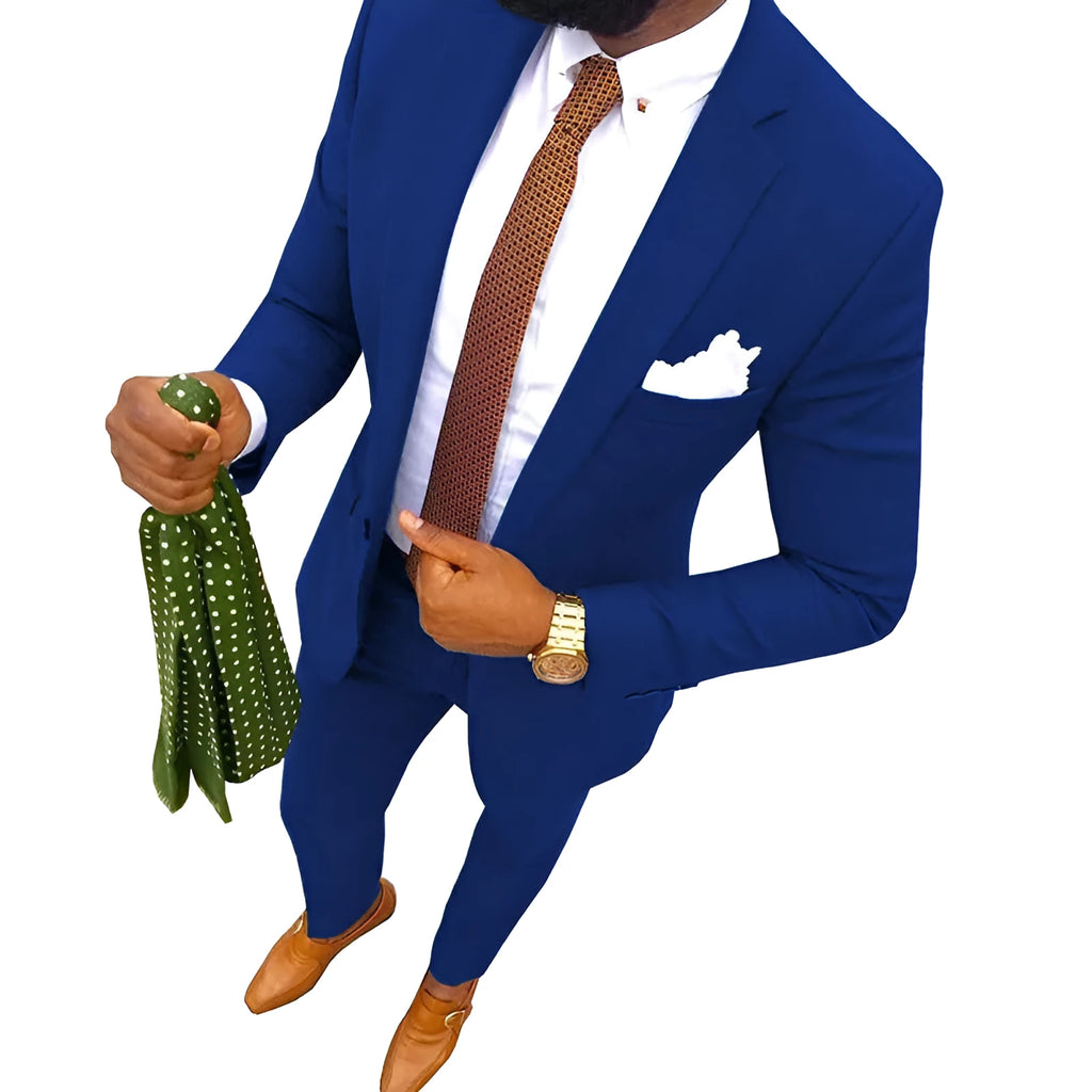 Men's multi-colour two-piece cotton suit for formal events, shown in a range of available colours.