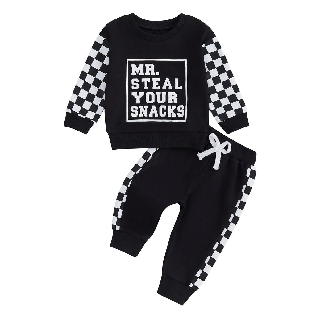 Baby boy girl casual plaid stitching round neck letter print sweater trousers suit in navy blue cotton knit