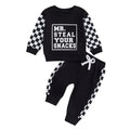 Baby boy girl casual plaid stitching round neck letter print sweater trousers suit in navy blue cotton knit