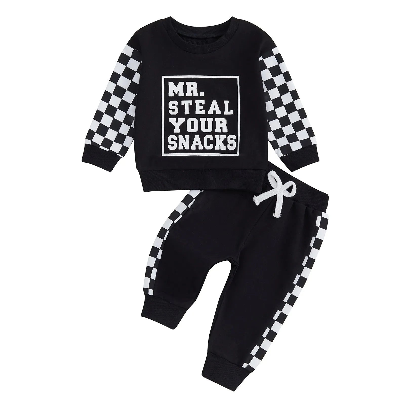 Baby boy girl casual plaid stitching round neck letter print sweater trousers suit in navy blue cotton knit
