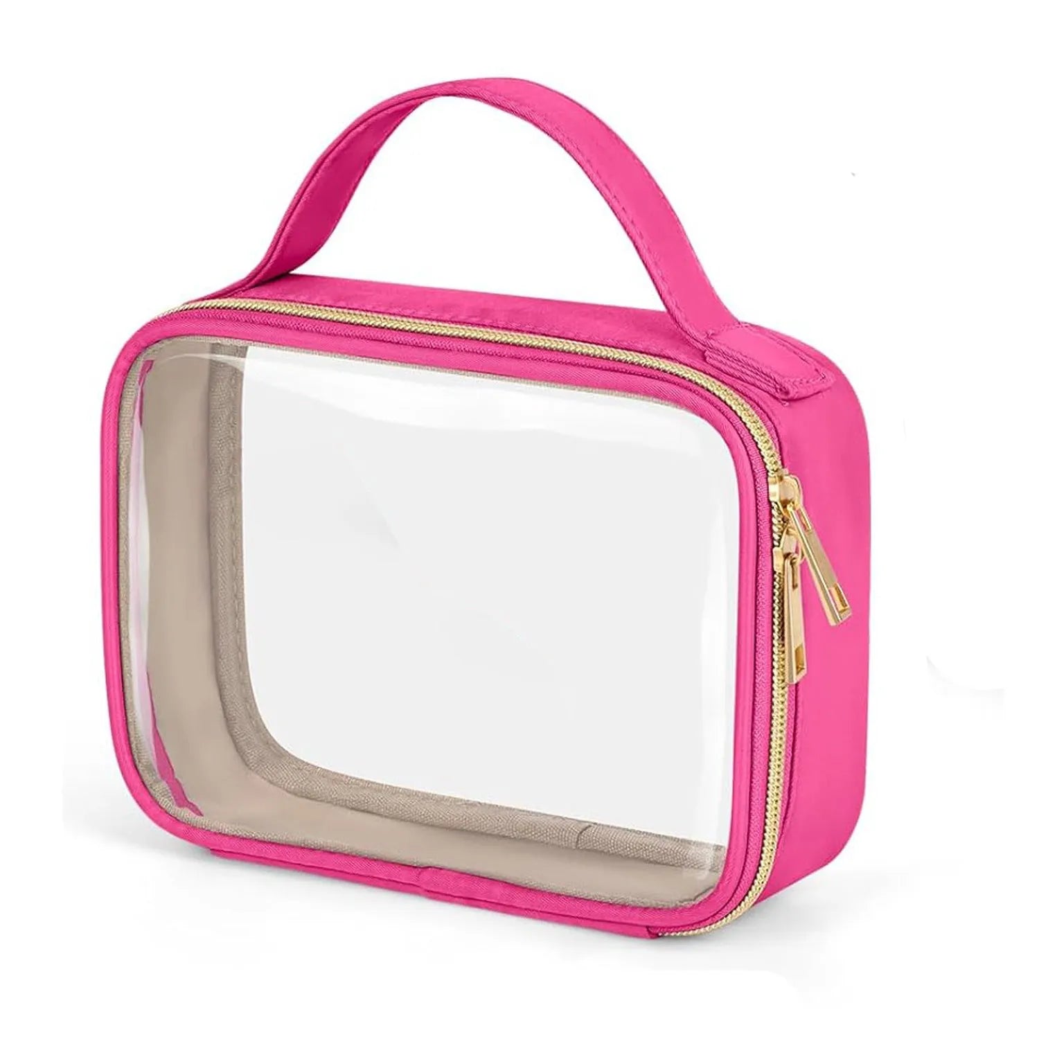 Clear PVC cosmetic wash bag with chain handle showing lipsticks inside, in leopard print colour.