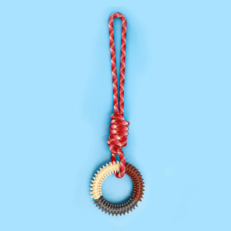 Braided cotton rope dog toy with knotted design in multiple colours, measuring 43cm long