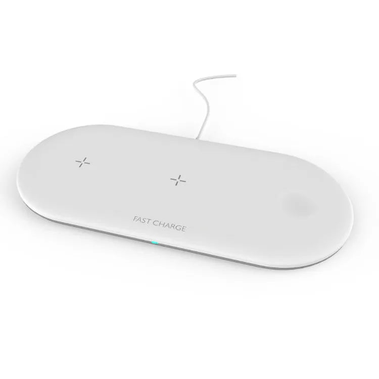 Black three-in-one desktop wireless charging station for iPhone, Apple Watch and wireless headphones.