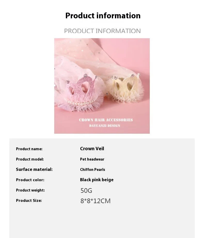 Pet princess crown headdress for cats with lace-trimmed veil in beige or pink colour options