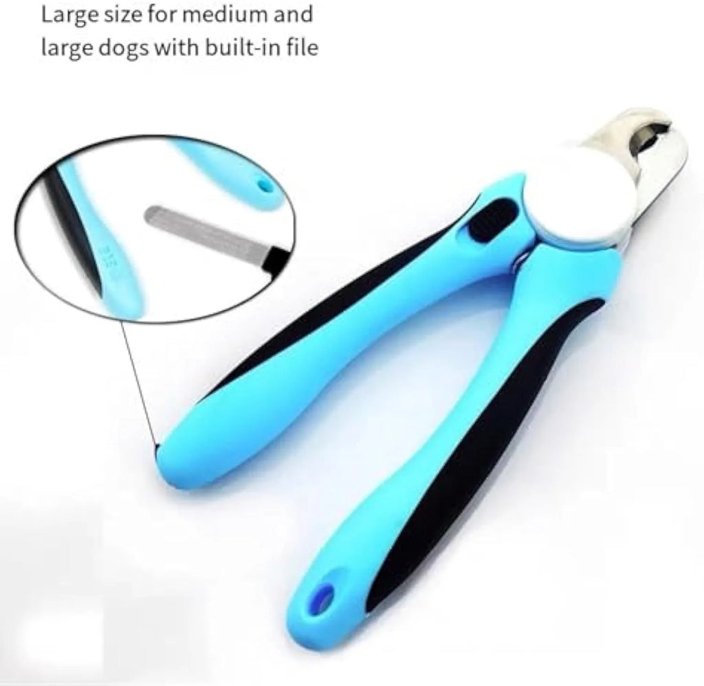 Blue heavy‑duty scissor‑action dog nail clippers with a visible safety guard on the blade.