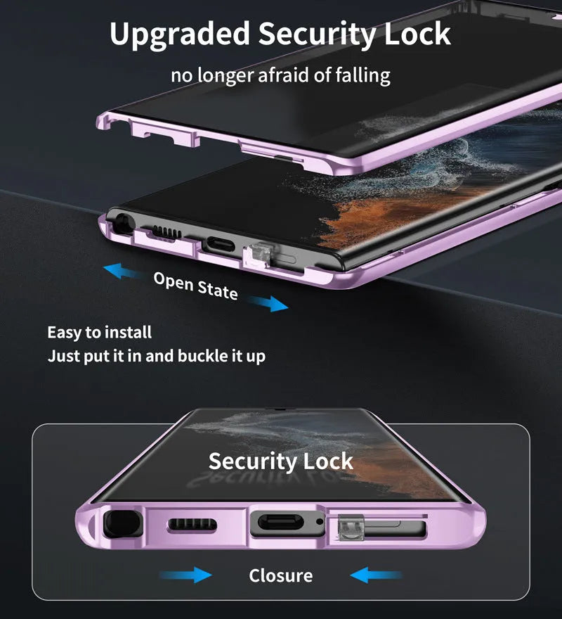 Peep-proof magnetic mirror phone case for Samsung S24 Ultra in black metal construction