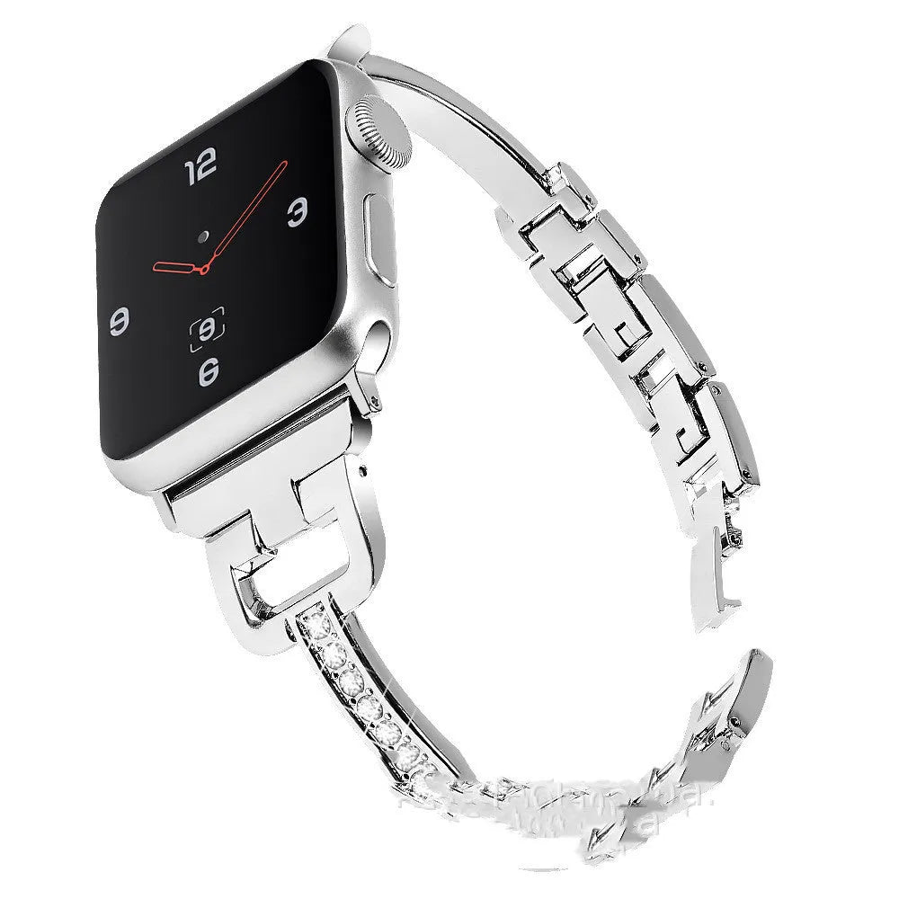 Apple Watch metal band with diamond detailing and D-shaped buckle in multiple colour options.