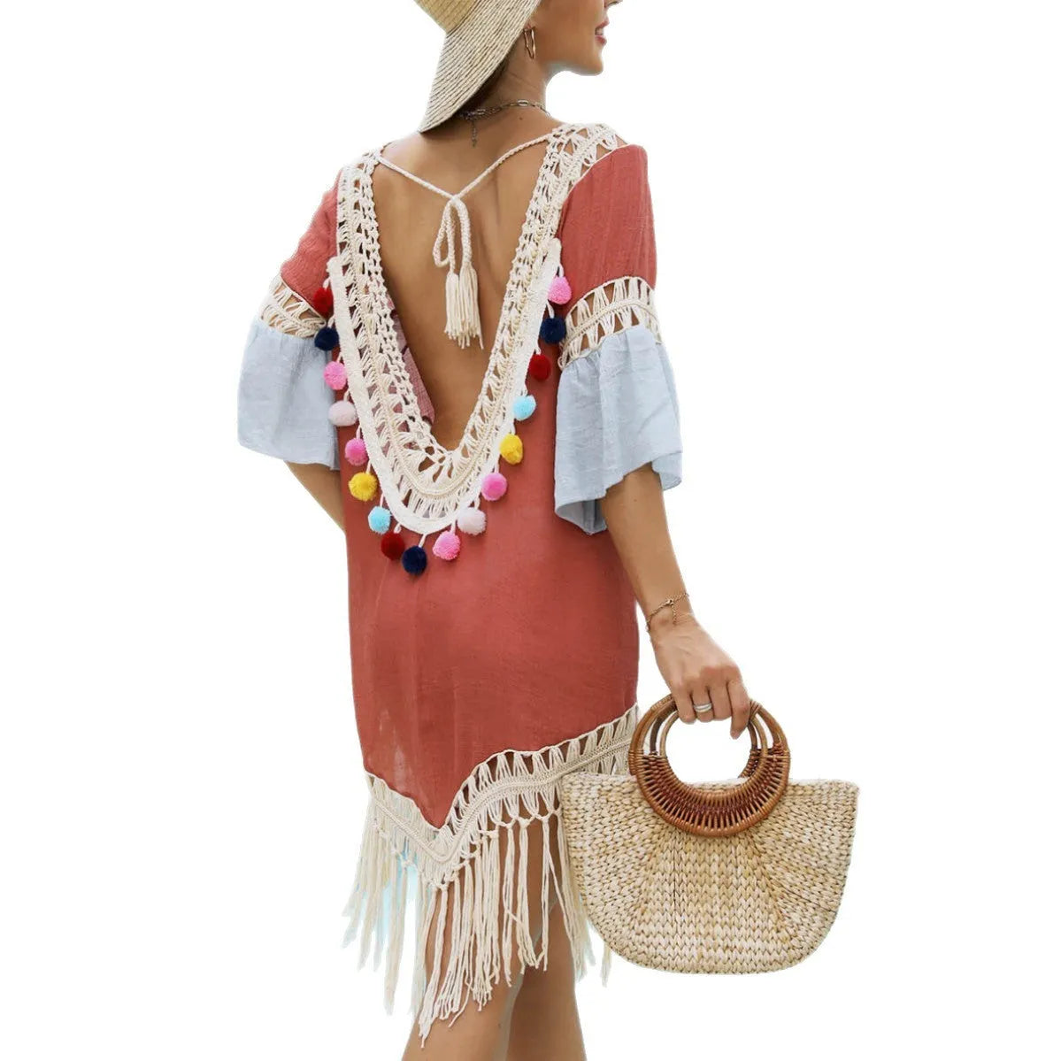 Orange beach overskirt with hand crochet stitching and bamboo cotton tassels, floral pattern polyester fabric