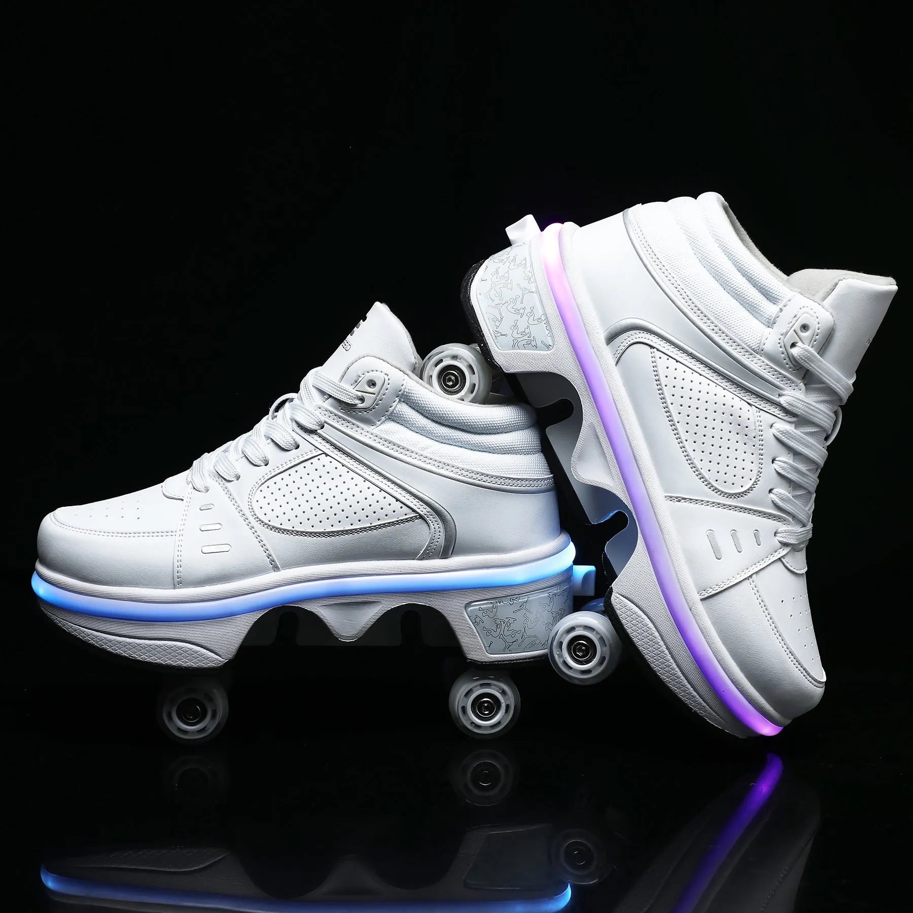 Four Wheel Rampage roller skates with seven-colour breathing light, double-row PU wheels, grape purple colour variant