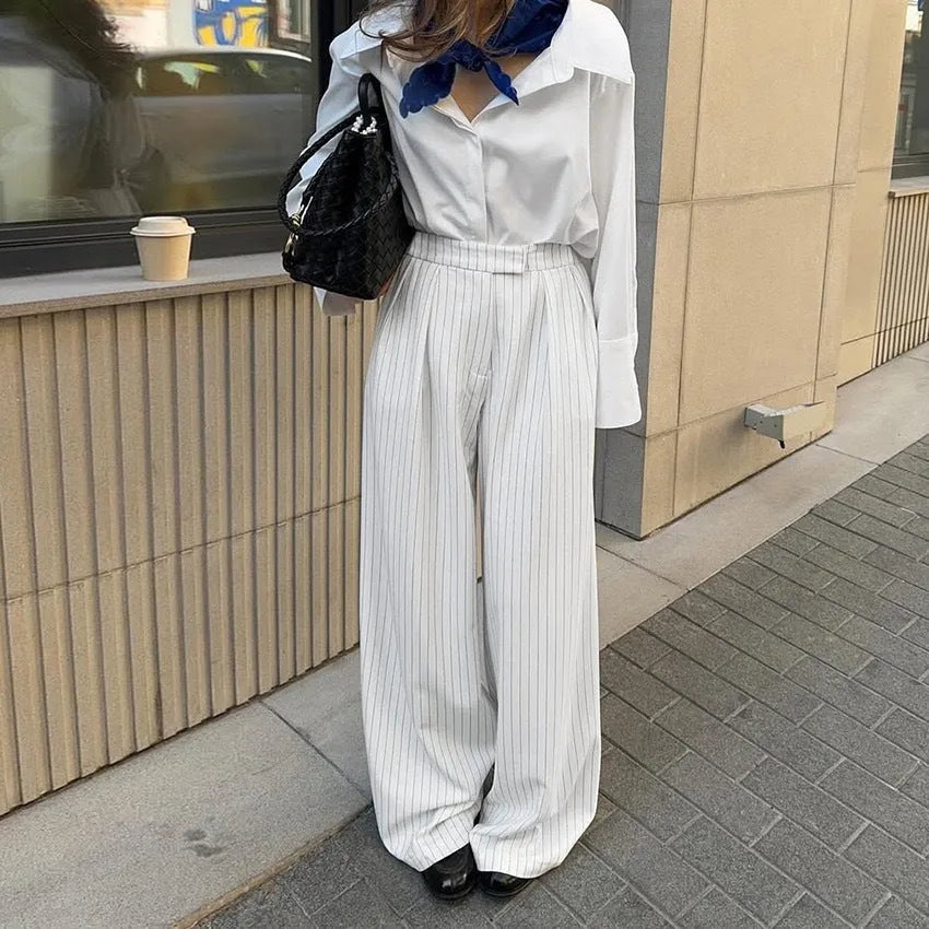 White striped wide-leg commuting pants with loose casual fit and zipper closure