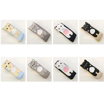 Medium square blue canvas pencil case with cat cartoon print and zipper closure