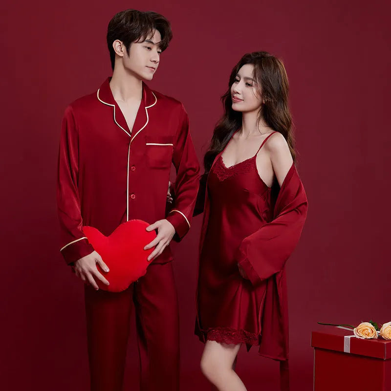 Red polyester lounge suit set for men and women with long sleeves and trousers
