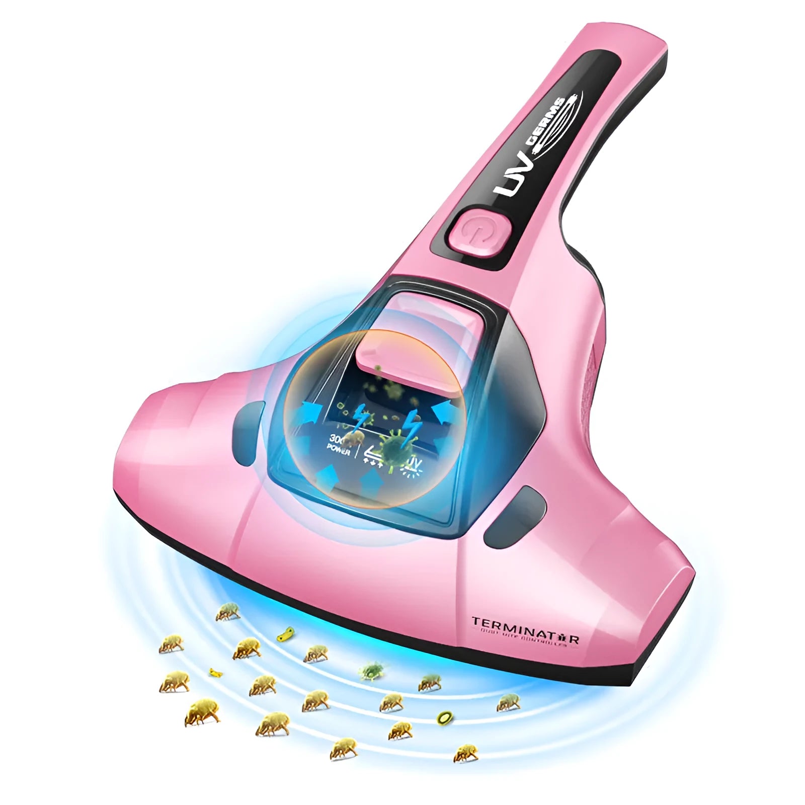 Pink handheld vacuum cleaner for mattress mite removal with UK plug