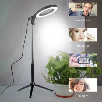 Self-made fill light artifact 5W LED ring light 20cm five-in-one kit black with tripod and phone clip on desk
