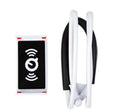 White flexible phone neck holder with 360-degree rotating clamp holding a smartphone