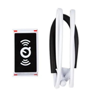 White flexible phone neck holder with 360-degree rotating clamp holding a smartphone