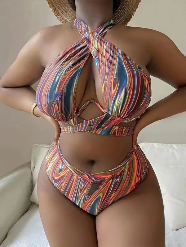 Women's high waist split floral bikini swimsuit in polyester with matching top and pants