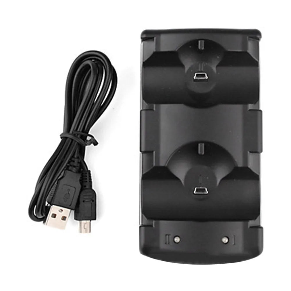 Black PS3 dual controller charging dock with two charging slots and USB cable