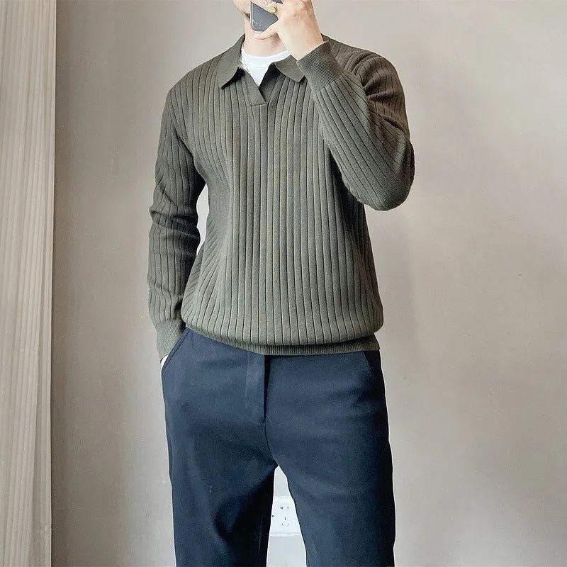 Men's grey striped knitted sweater with a lapel collar, shown in a loose fit.