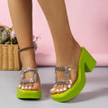 Women's summer thick-soled high-heeled sandals with transparent rhinestone design, square toe, PU upper, rubber sole, available in beige, black, green, pink sizes 36-42