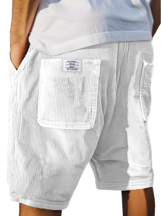 Men's gray corduroy shorts with multiple pockets and embroidery detail on straight-leg summer design
