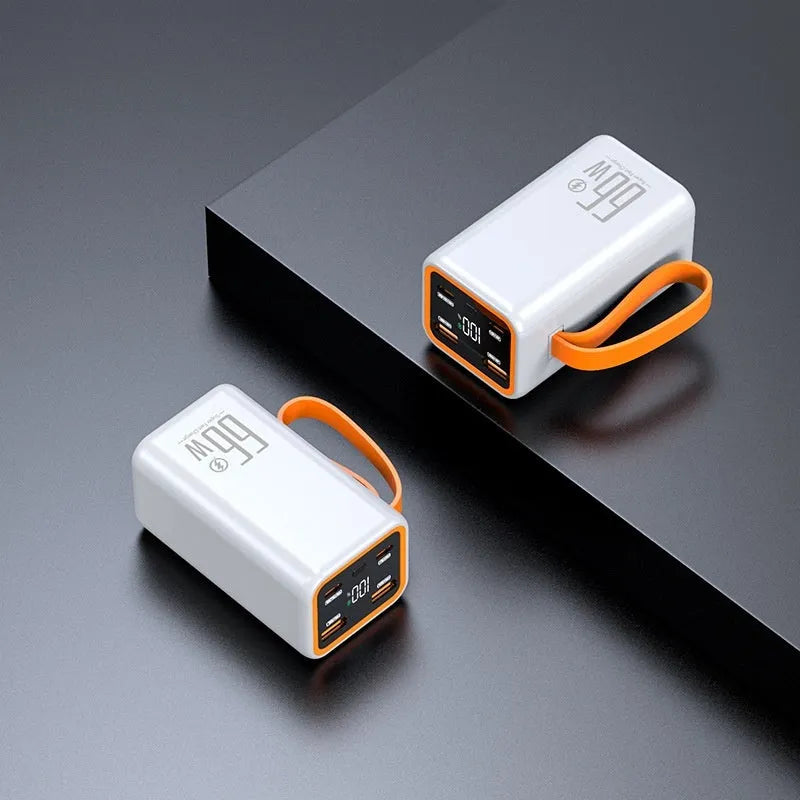 Black and white PD66W fast-charge 20000mAh portable power bank showing compact size.