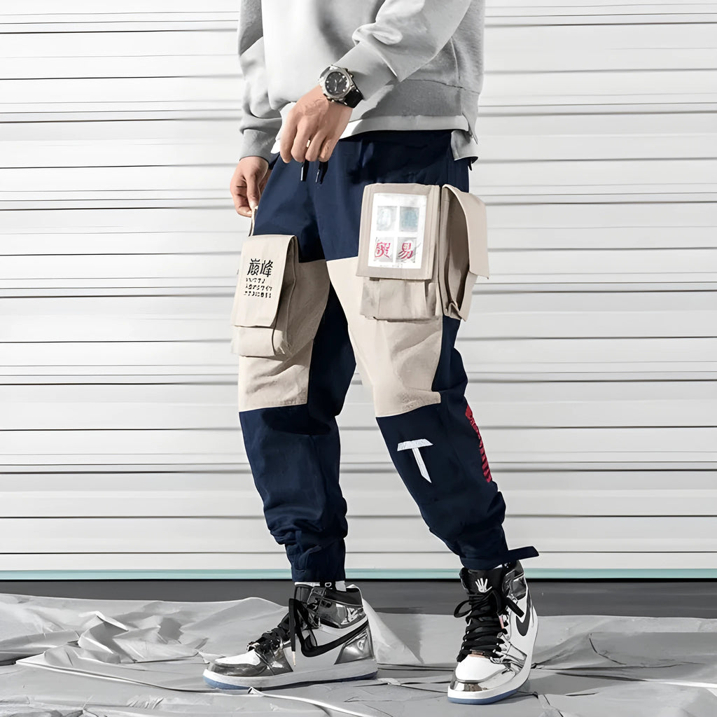 Harlan beam pants in green, grey, and navy blue cotton with elastic waistband, straight-leg design, sizes M to 5XL