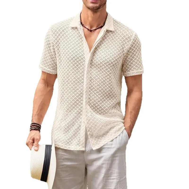 Men's cotton blend short sleeve summer shirt with lapel collar in black colour