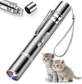 Silver aluminium cat laser toy pointer with USB charging port and pattern projection modes.