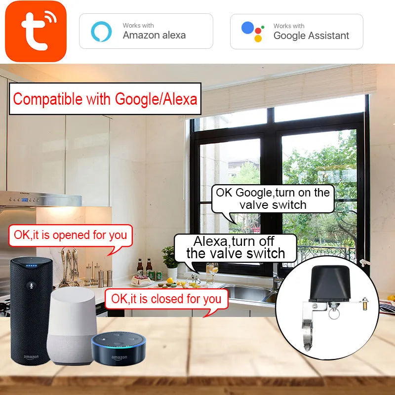 Smart wireless water shut-off valve with Zigbee, ABS fire-retardant housing, for leak detection and remote control