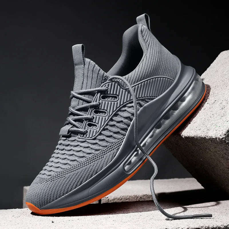 Men's black mesh running shoes with round toe and lace-up front for summer sports