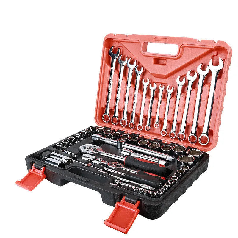 61-piece chrome vanadium steel auto repair socket and wrench set with ratchets, metric sockets, and extension rods in a storage box.