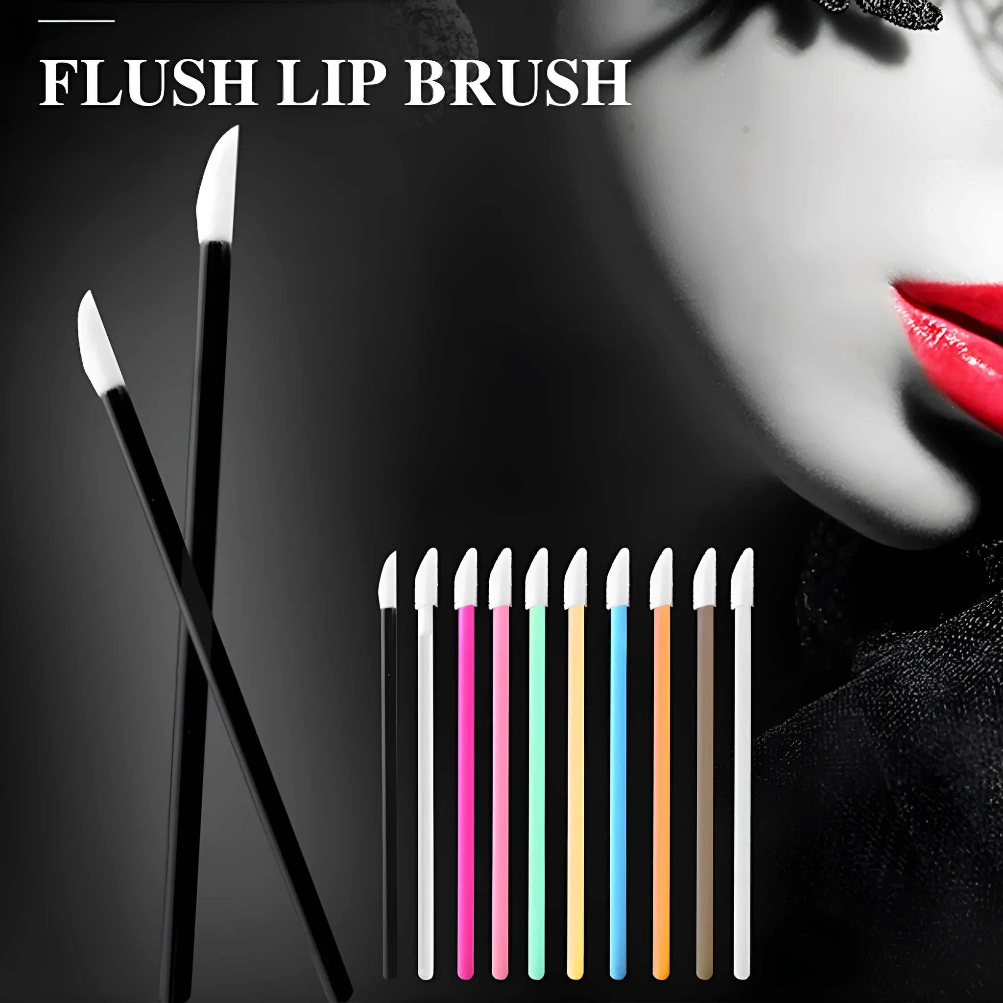 Pack of disposable lip brush applicators with coloured handles and flocked brush tips on a white background