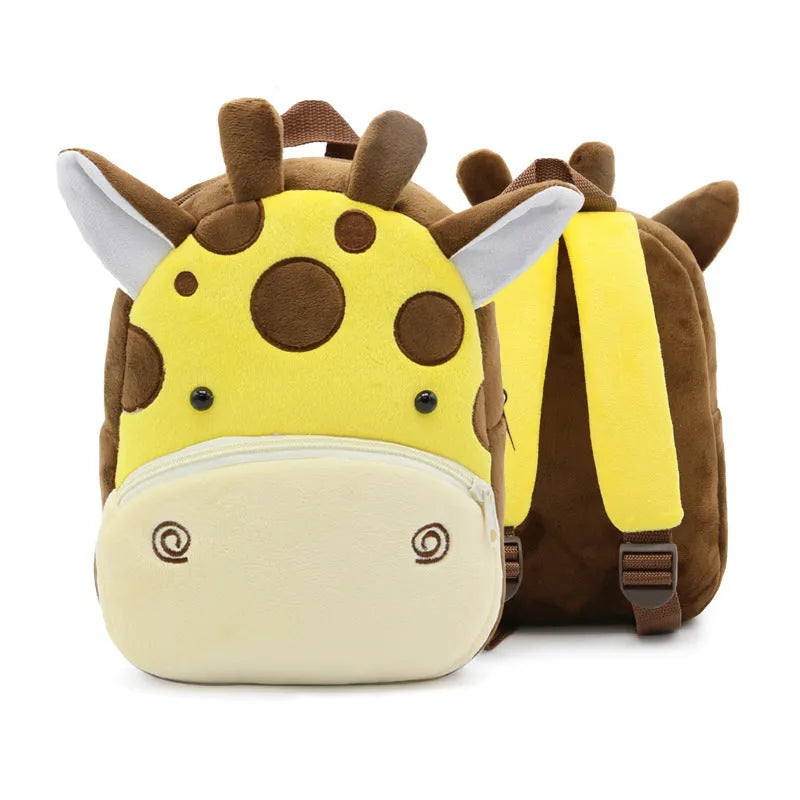 Cute plush animal backpack for children in elephant design, showing front zipper and straps.