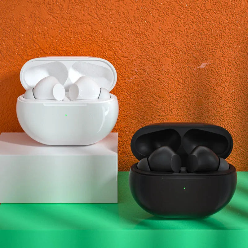Black Pro4 wireless Bluetooth earbuds and compact charging case on a white background.